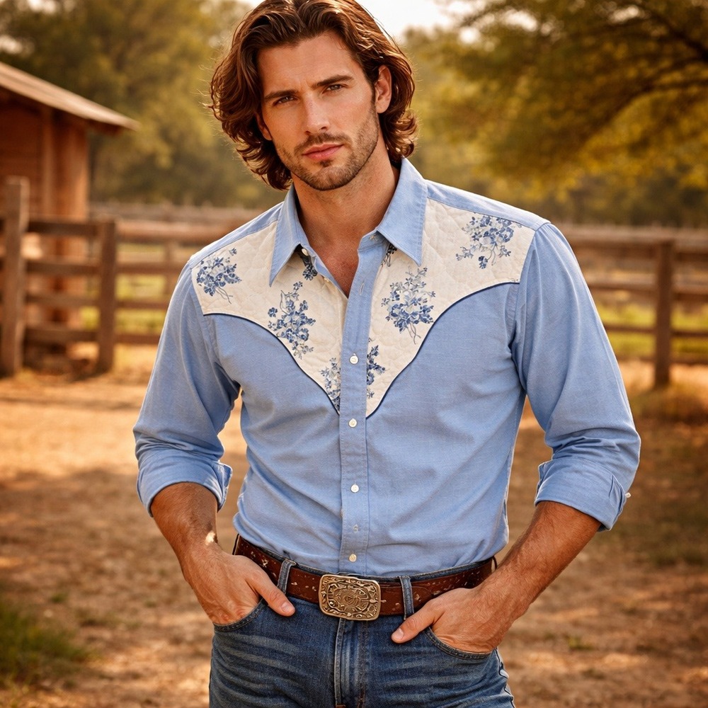 Rare VTG 70s Mens Western Pearl Snap Shirt Blue Chambray Quilted Floral Yoke M/L